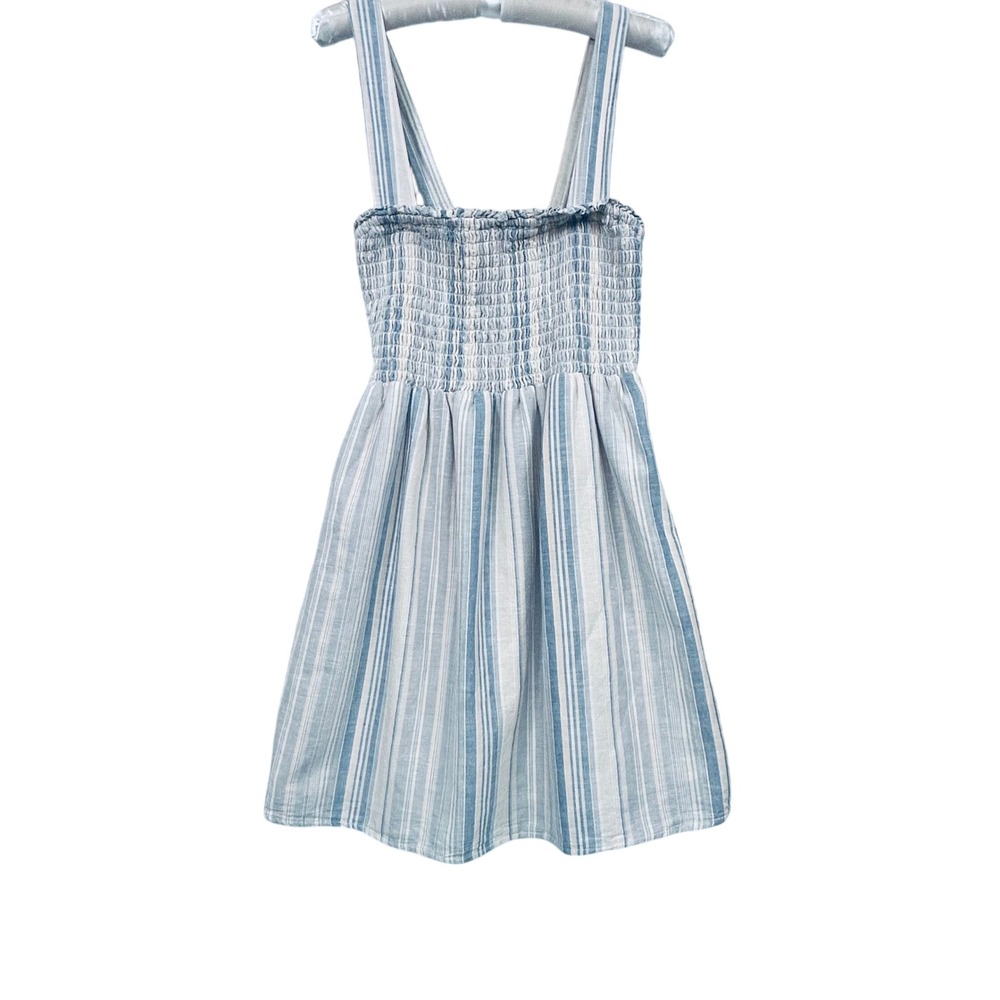 American Eagle Smocked Linen Mini Dress S Tall Blue Gray Stripe Coastal Beach‎